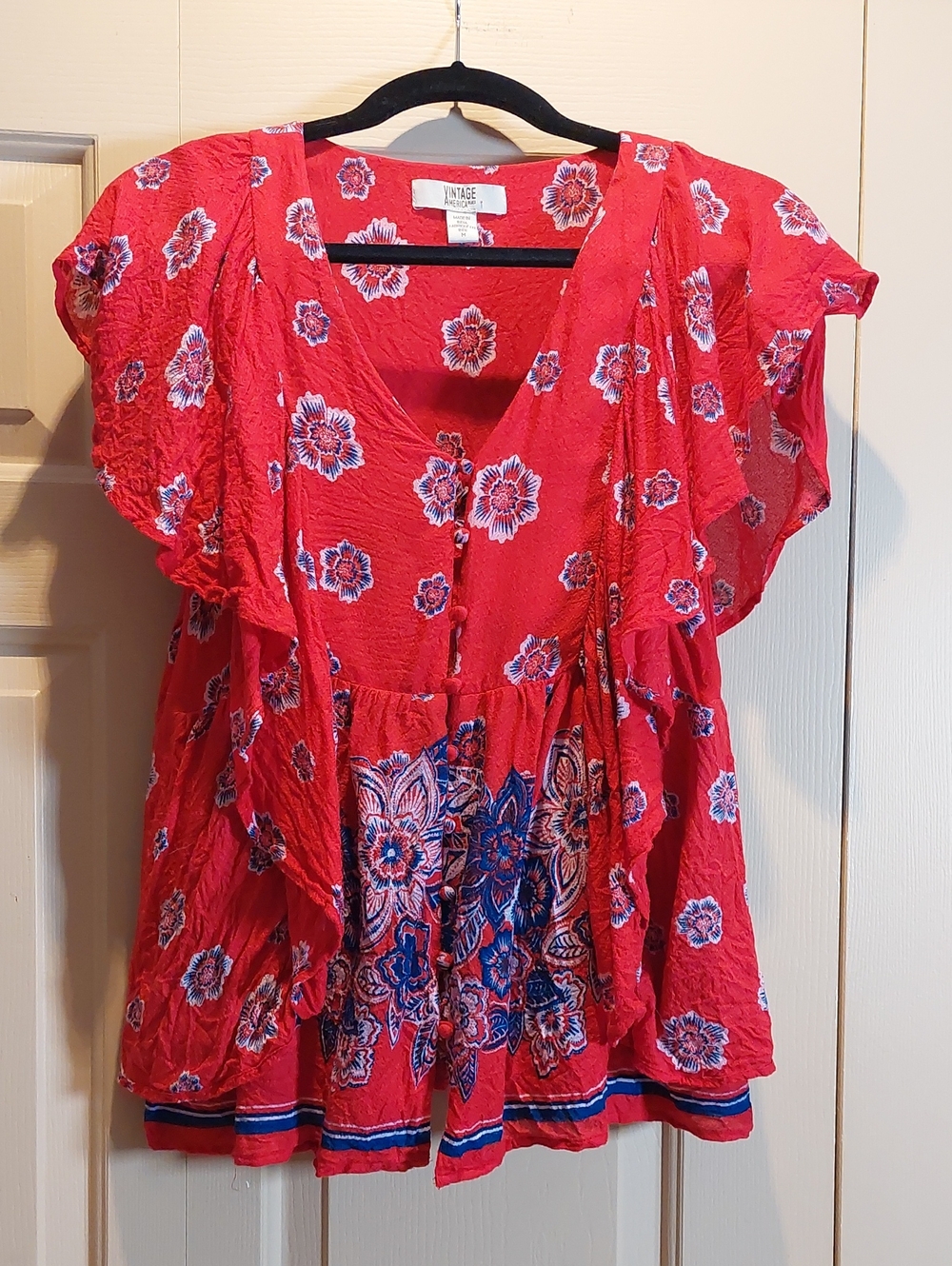 Vintage America Red Floral Ruffled Peplum Tunic